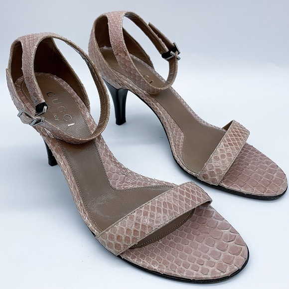 Gucci Snake Pattern Kitten Heel Ankle Strap Leather  Sandal in Rosy Pink - Picture 2 of 15